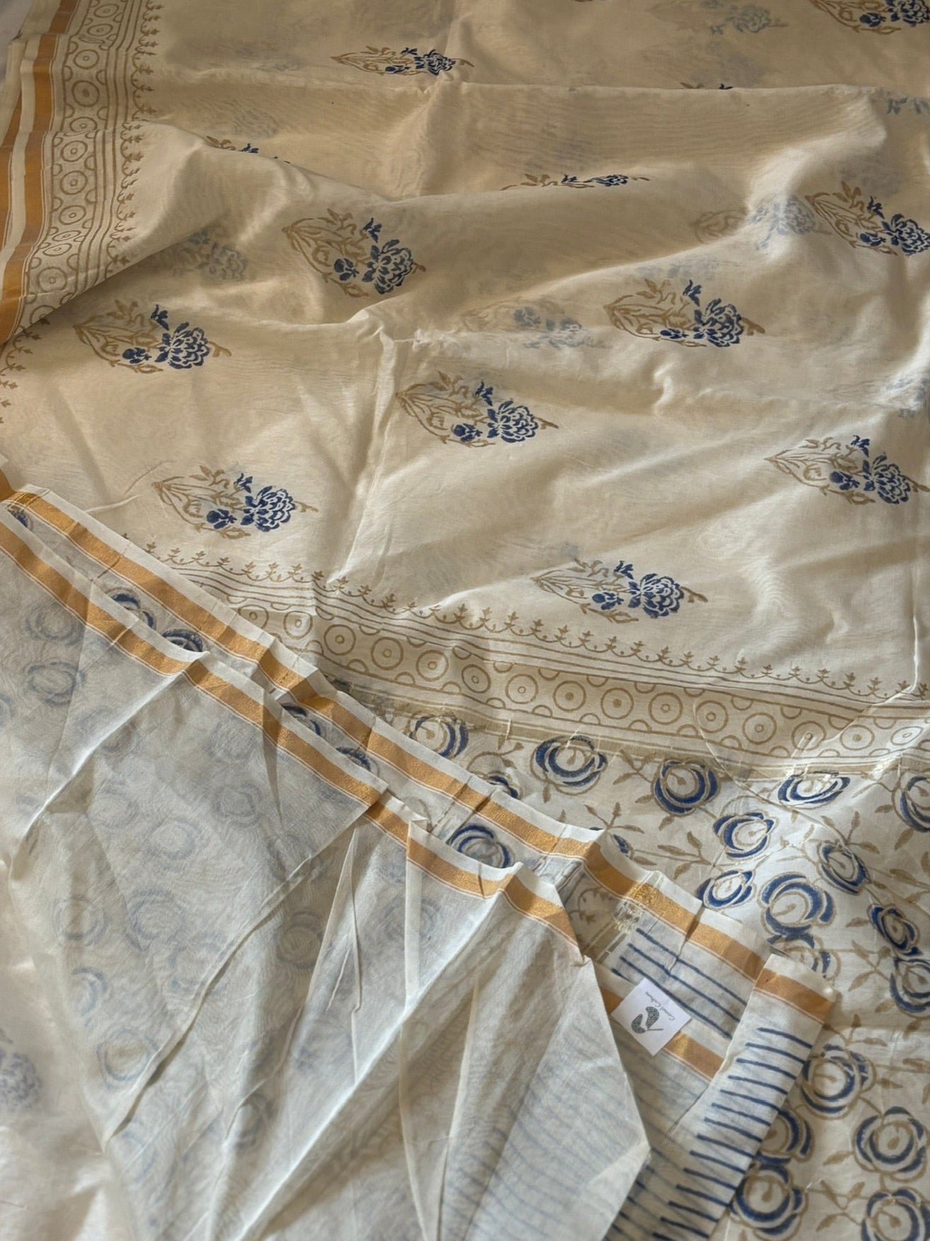 Hand block printed cotton silk saree - white
