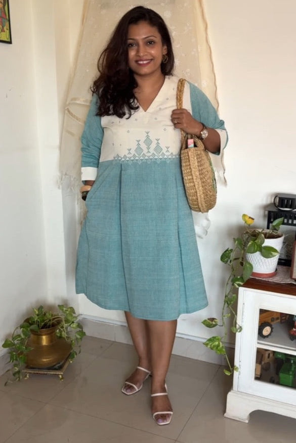 Handcrafted Urmul kala cotton dress - White Mint