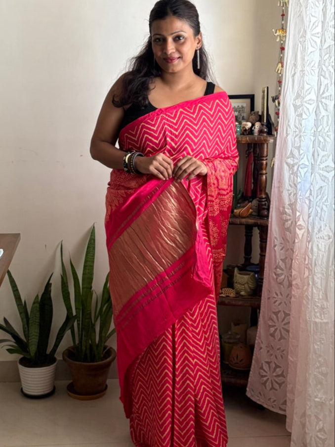Modal silk handblock Ajrakh zig zag saree - Pink