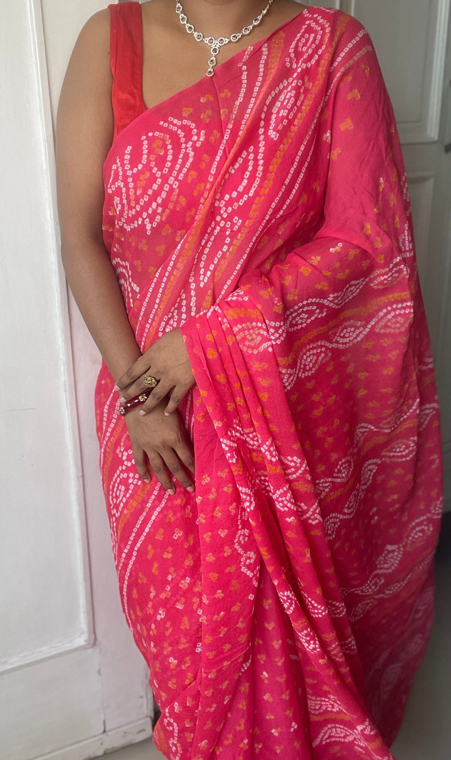 Pure chiffon rai bandhej saree - Peach