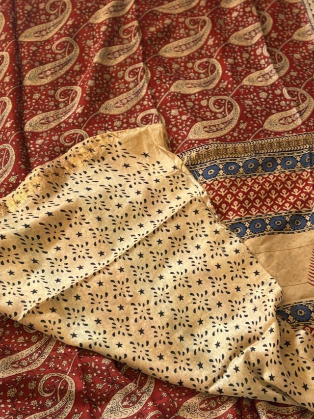 Meheaswari silk hand block printed saree - Red 2