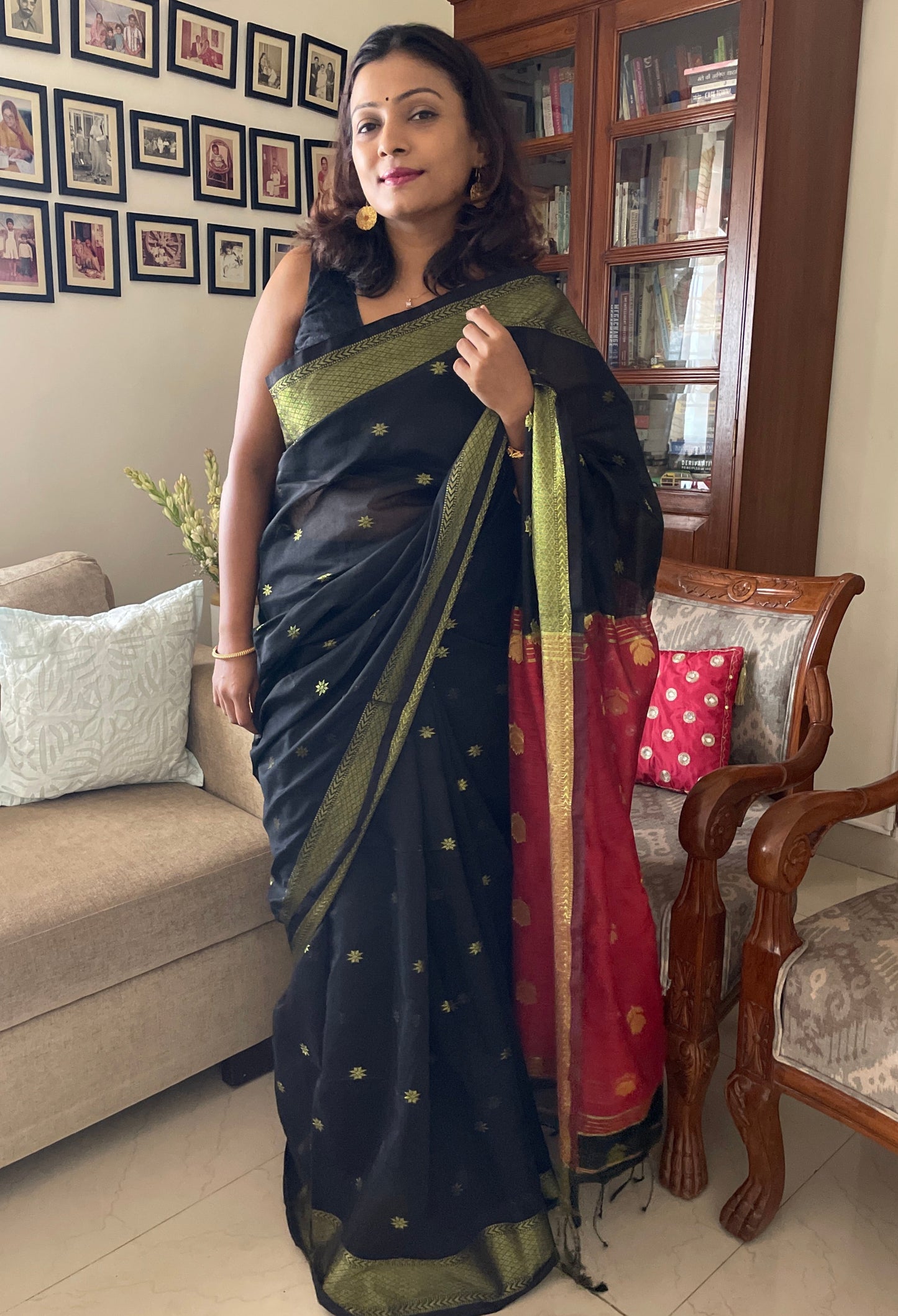 Cotton silk saree - black & red
