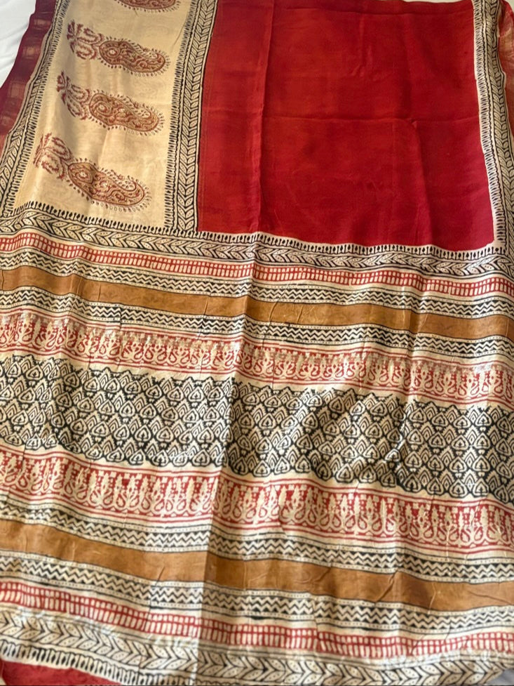 Meheswari hand block printed cotton silk saree - Red Beige