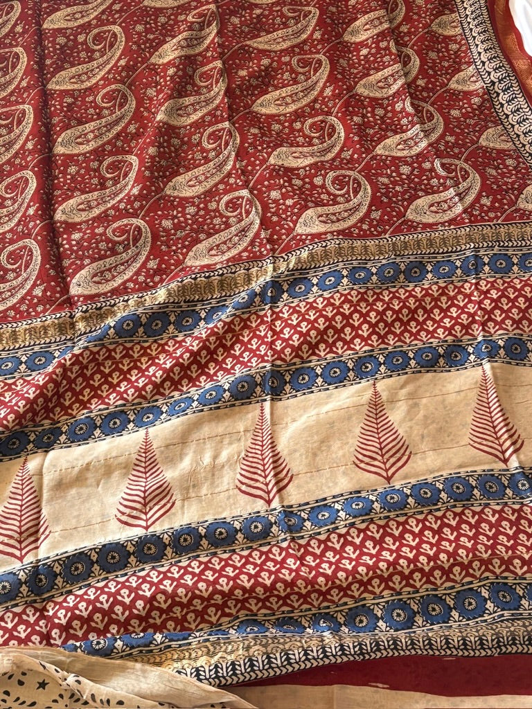Meheaswari silk hand block printed saree - Red 2