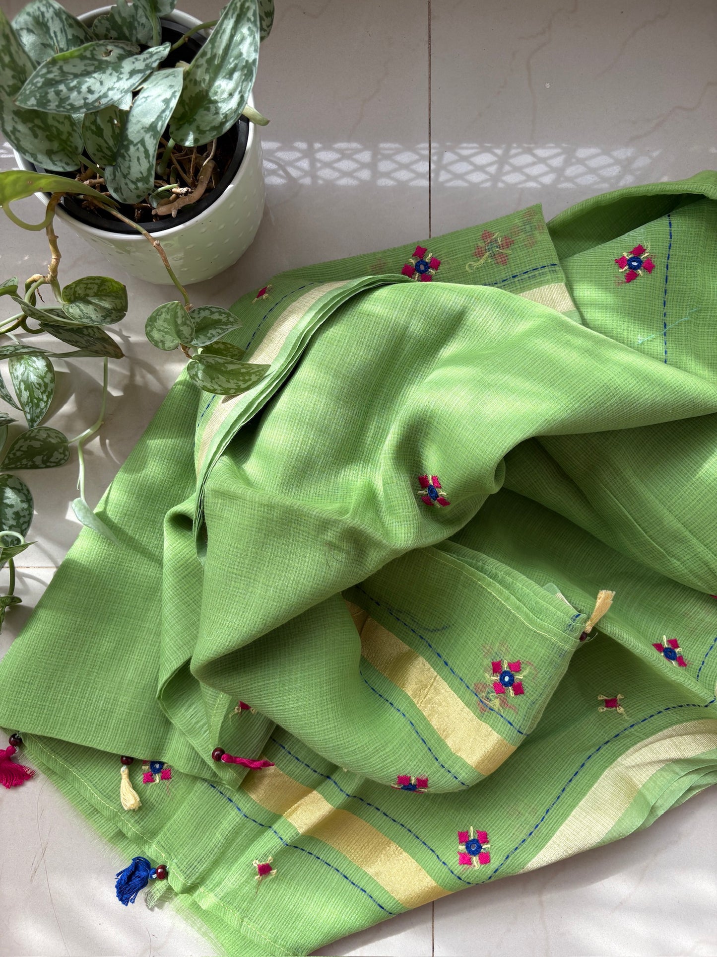 Kota cotton hand embroidered saree - Green