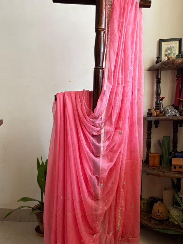 Zari chiffon saree - Peach
