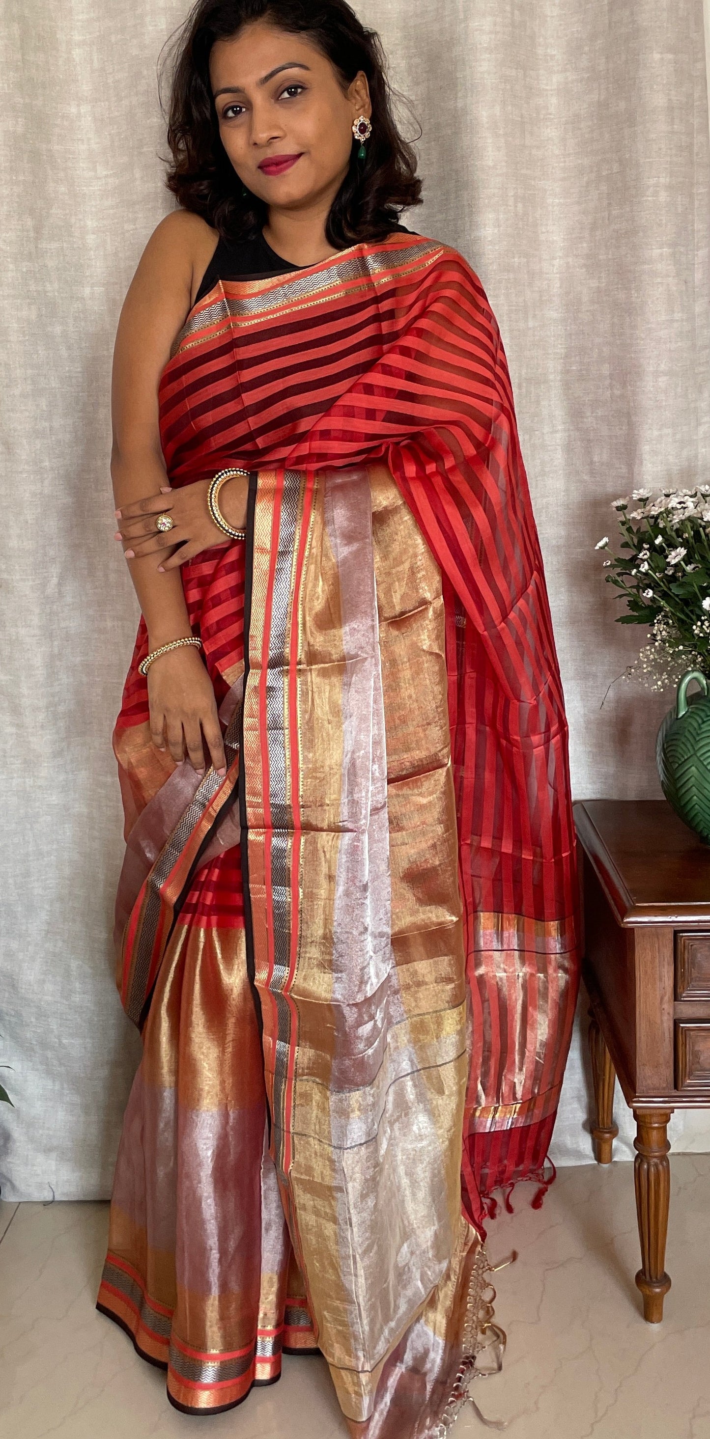 Pure Organza silk saree with Tissue - Red Gold
