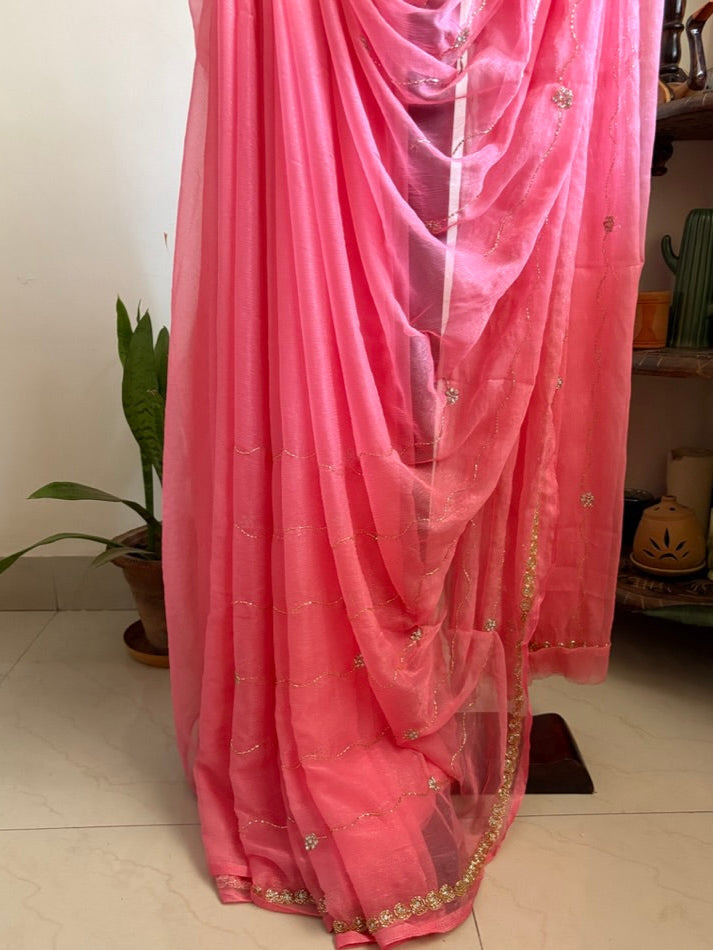 Zari chiffon saree - Peach