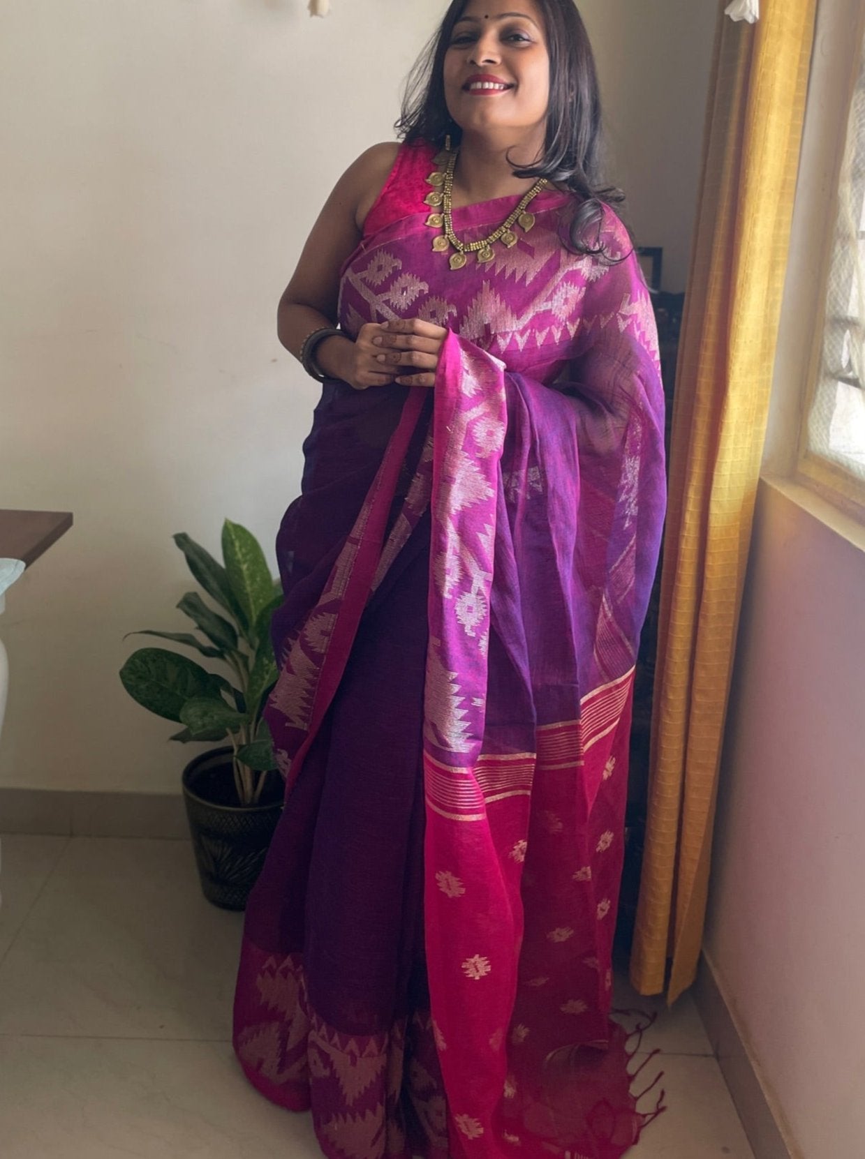 Linen zari jamdani saree - Jamun