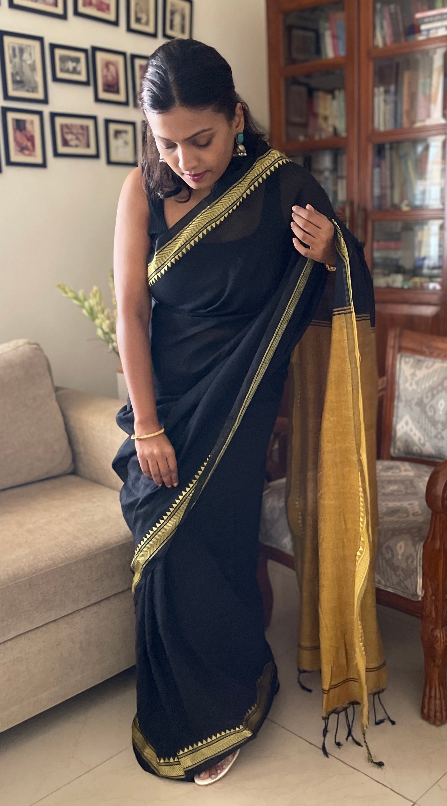Handloom pure cotton saree with noksha border - black & mustard