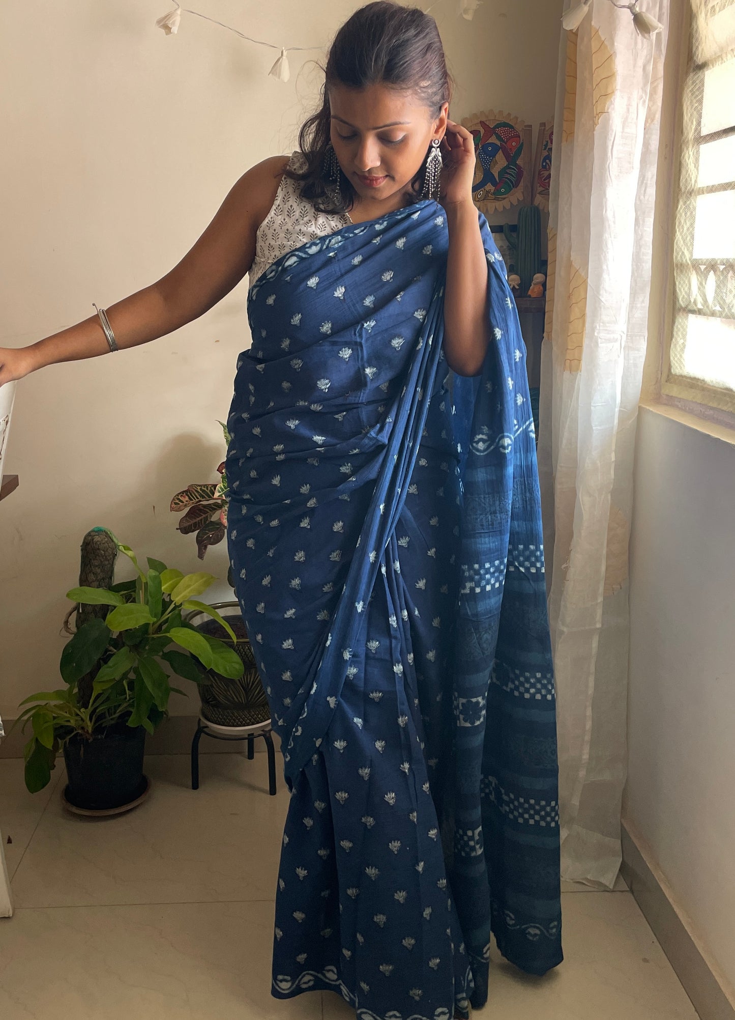 Indigo natural dyed mul cotton saree - 5