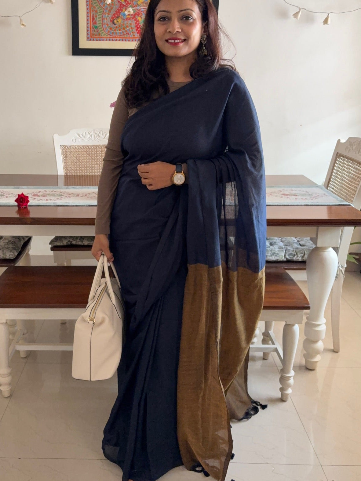 Handloom cotton Saree - Dark Blue & Brown