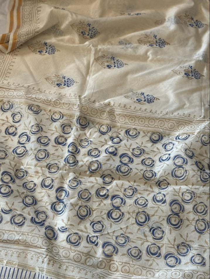 Hand block printed cotton silk saree - white