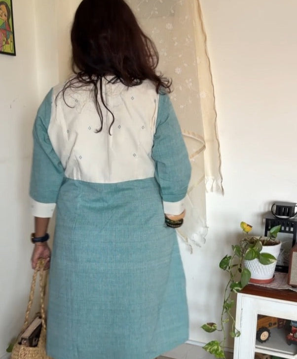Handcrafted Urmul kala cotton dress - White Mint