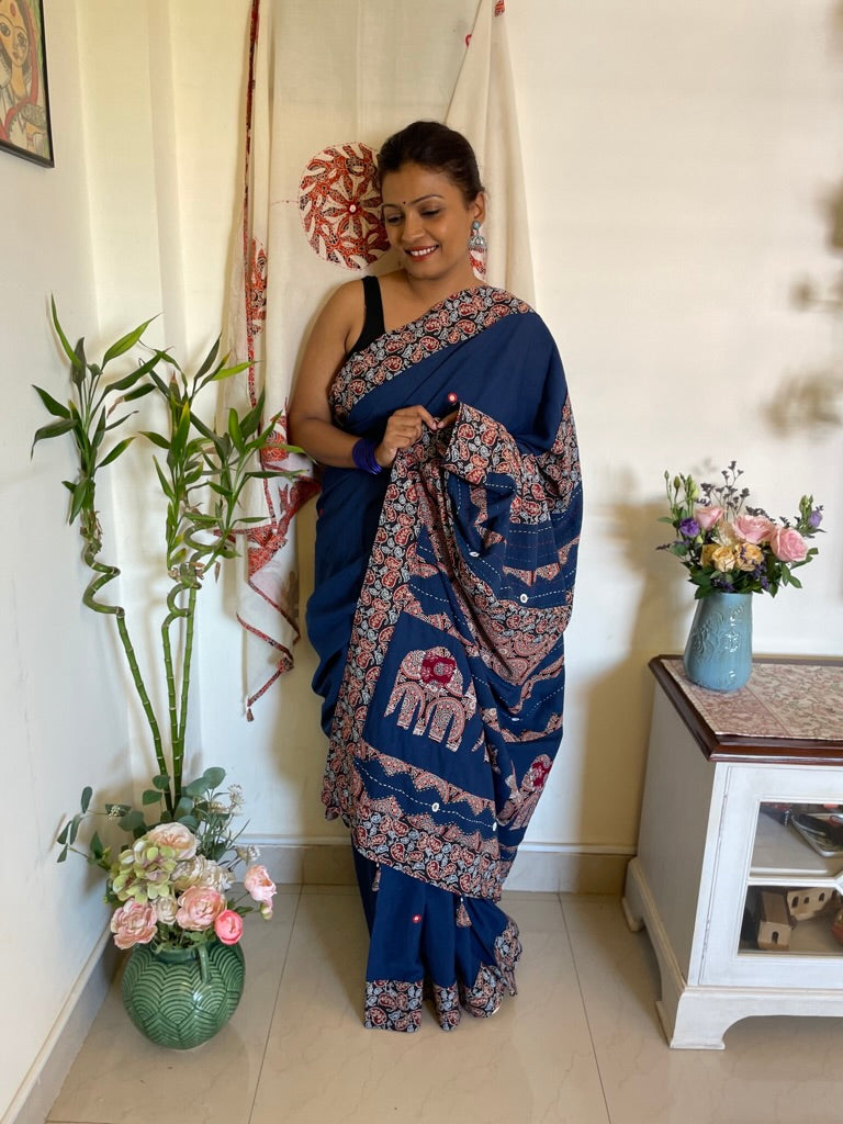 Handmade patchwork cotton saree - Royal blue