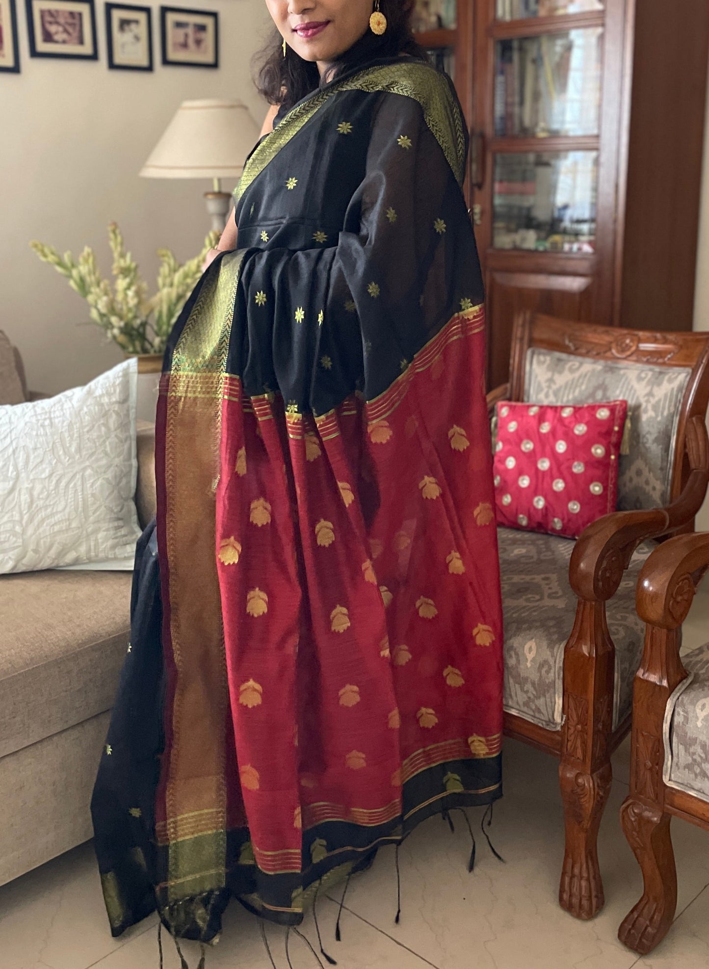 Cotton silk saree - black & red