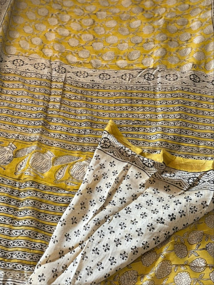 Maheshwari handblock print silk saree - Yellow Anar
