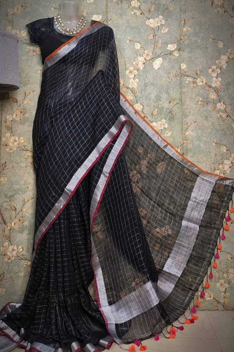 Linen handwoven check saree - Black