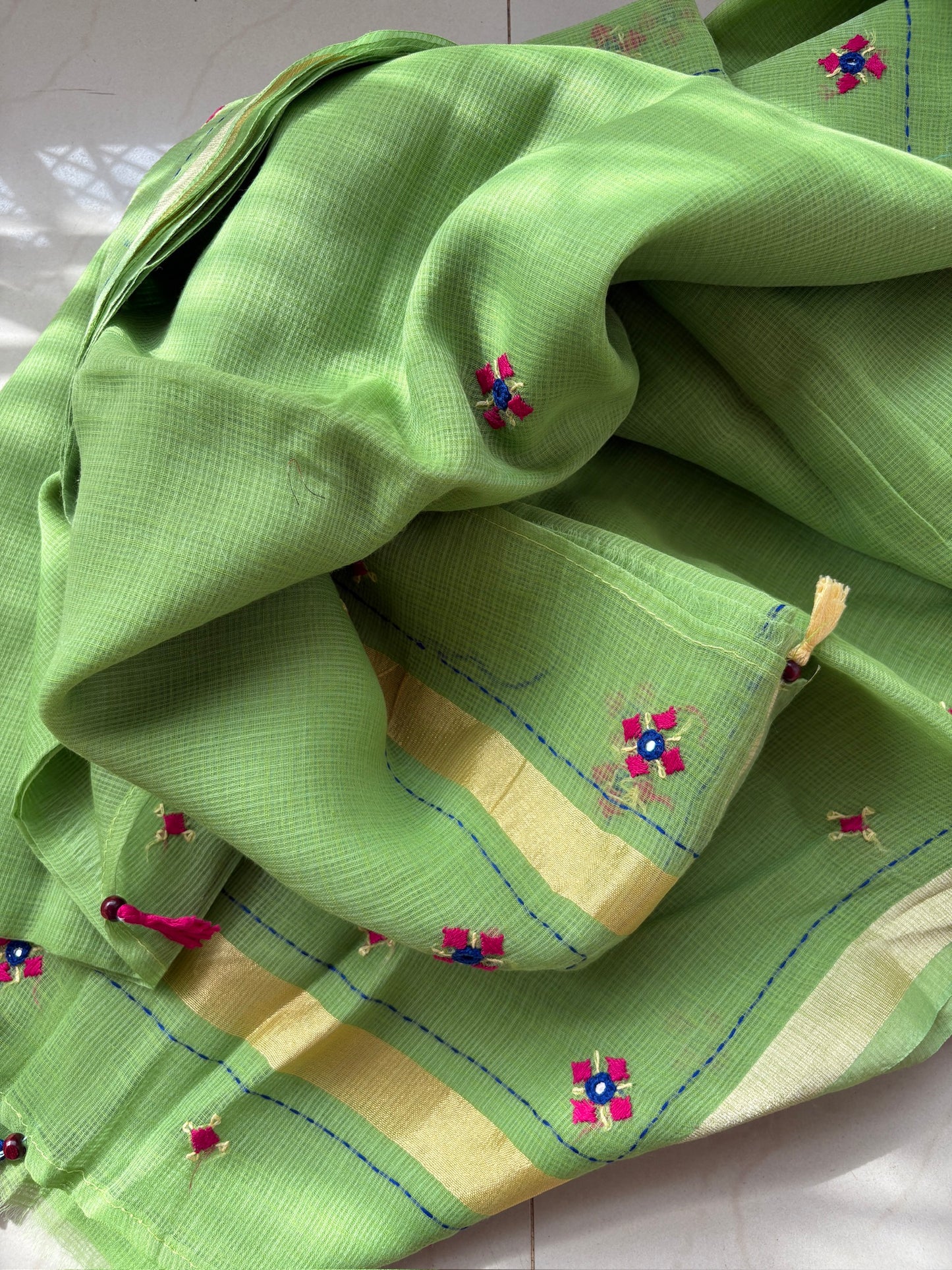 Kota cotton hand embroidered saree - Green