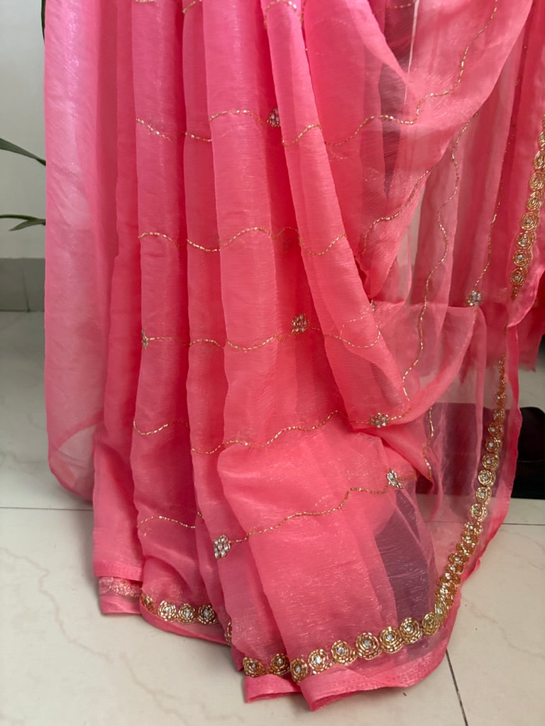Zari chiffon saree - Peach