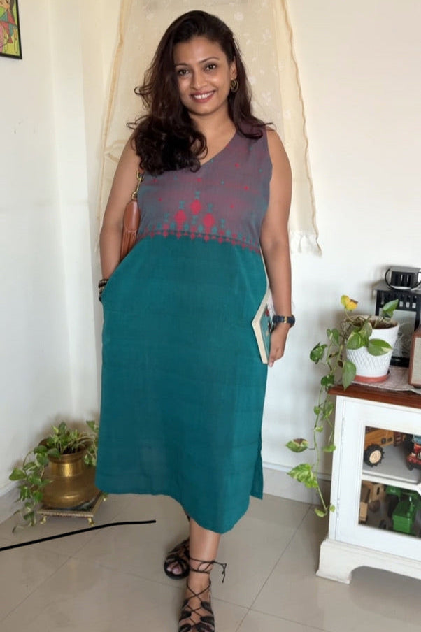 Handcrafted Urmul kala cotton dress - Green