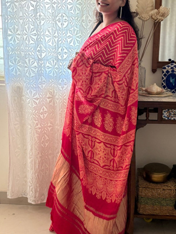 Modal silk handblock Ajrakh zig zag saree - Pink