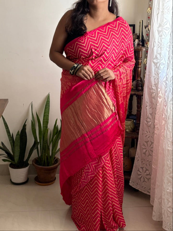Modal silk handblock Ajrakh zig zag saree - Pink