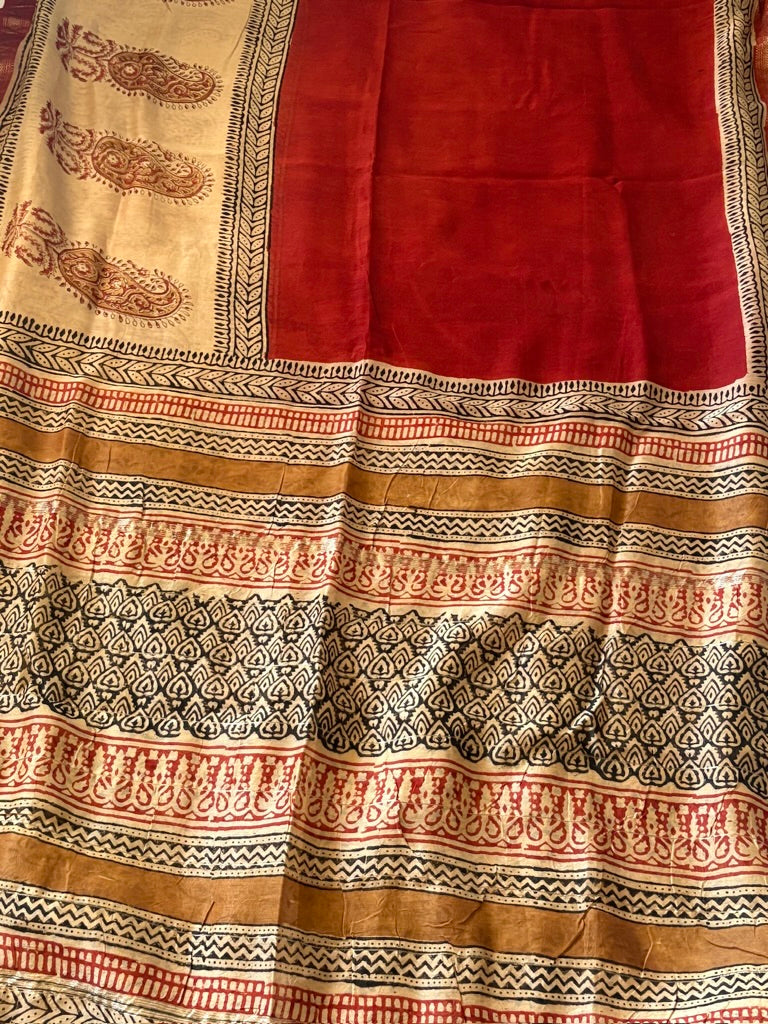 Meheswari hand block printed cotton silk saree - Red Beige