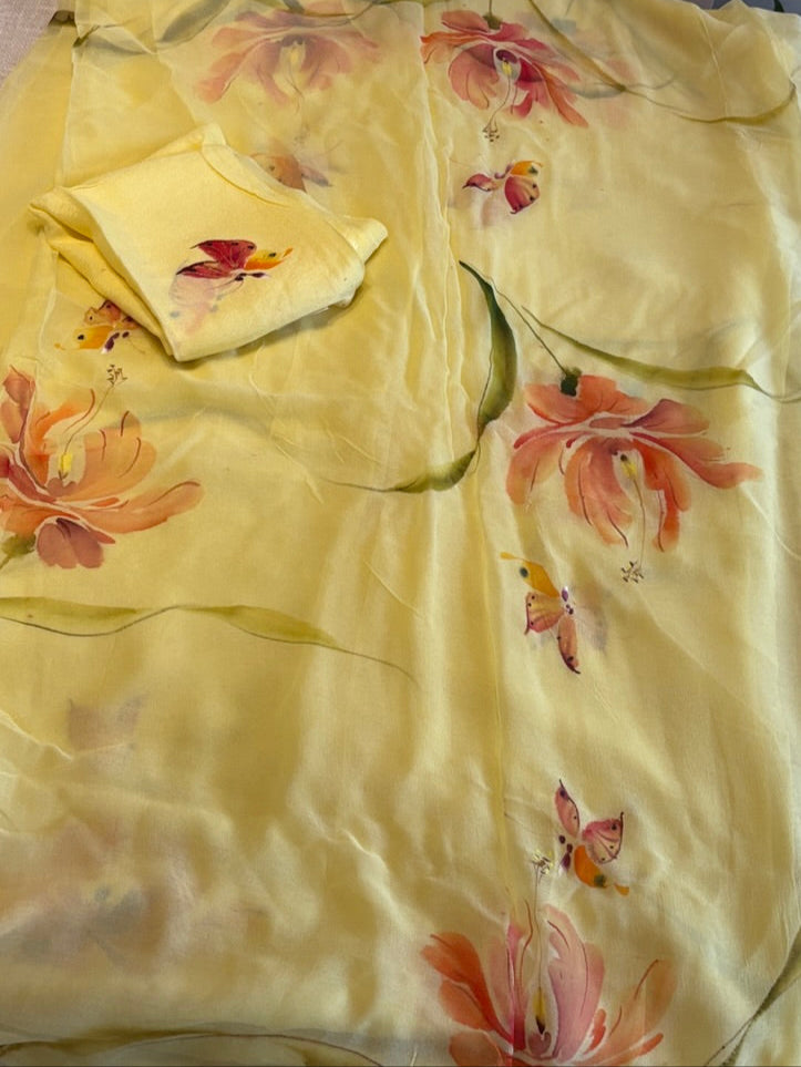 Handpainted chiffon saree - Yellow