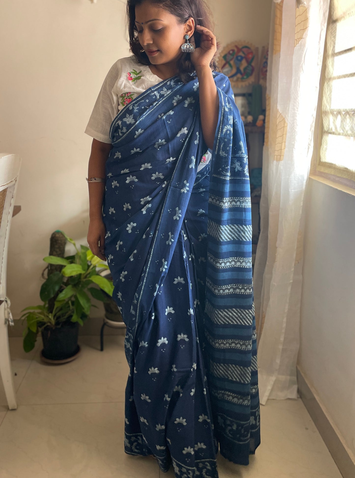 Indigo natural dyed mul cotton saree
