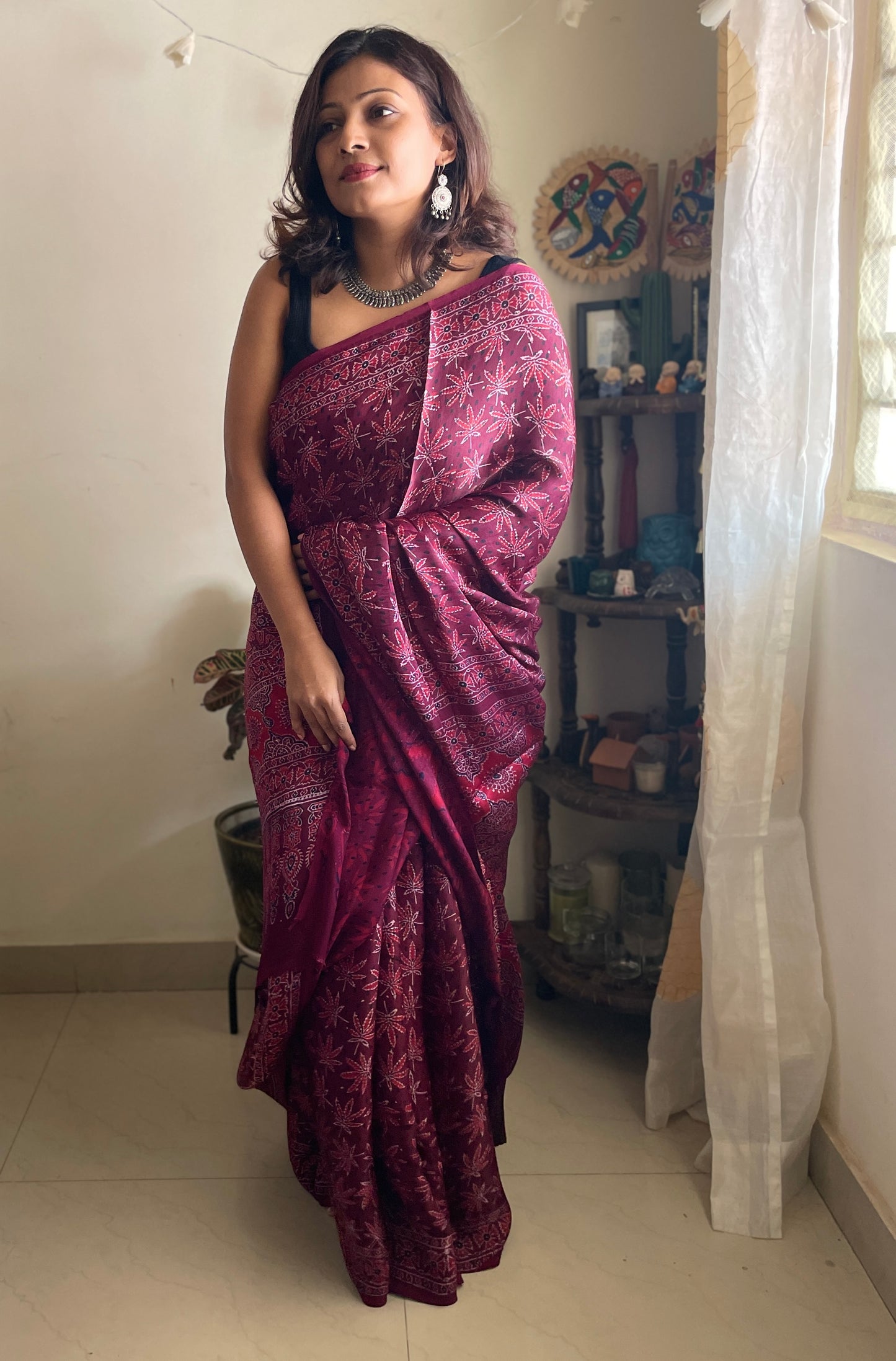 Modal silk handblock printed saree - Maroon
