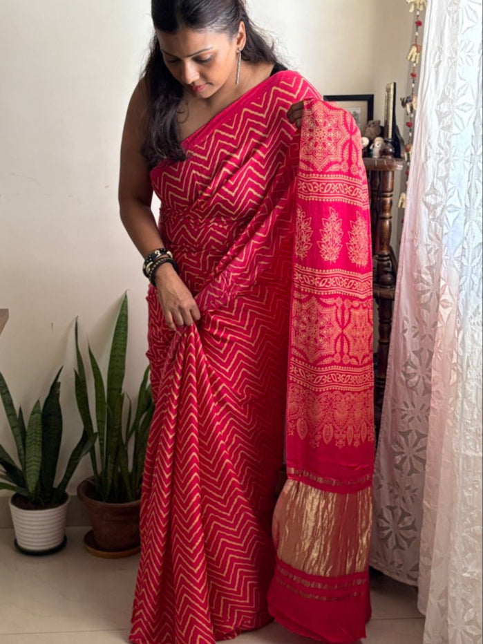 Modal silk handblock Ajrakh zig zag saree - Pink