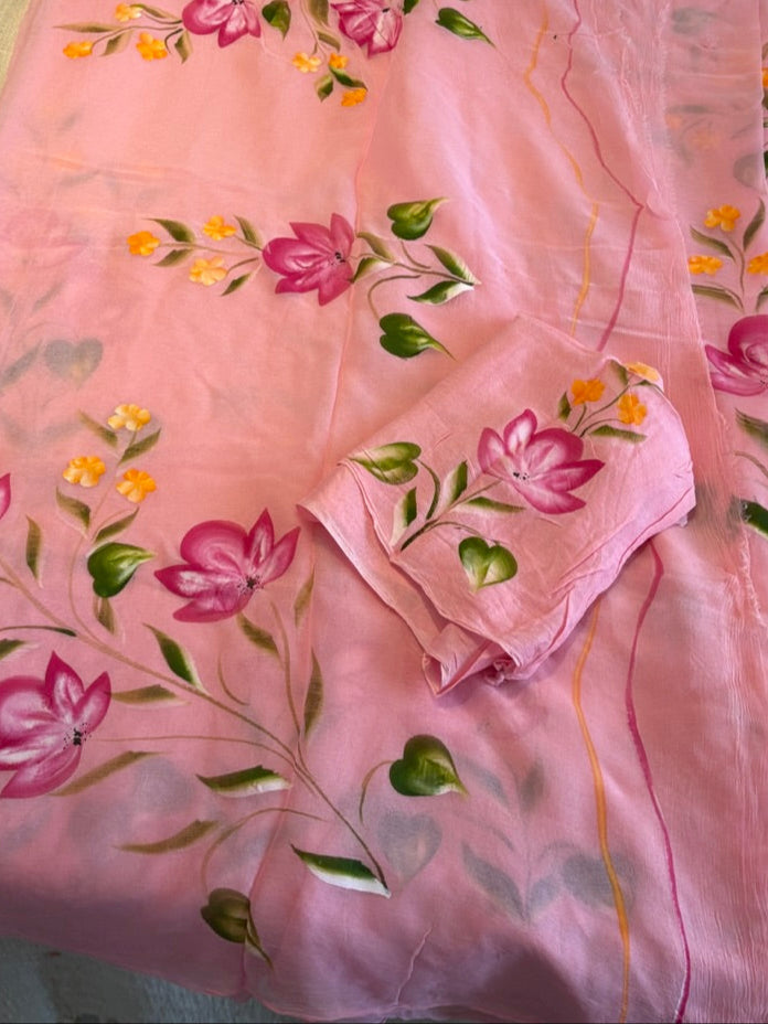 Handpainted Chiffon saree - Pink2