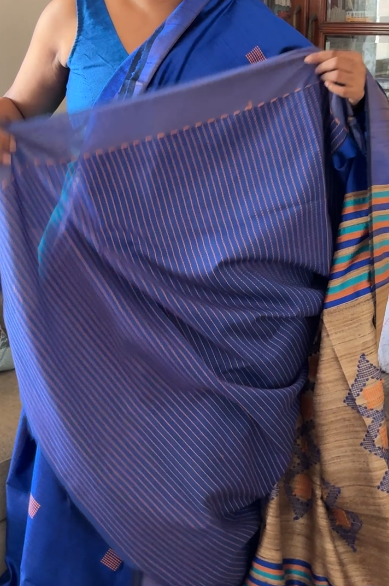 Pure Tusshar silk handloom saree - Blue and raw silk