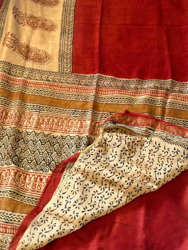 Maheshwari silk handblock printed saree - Red 1