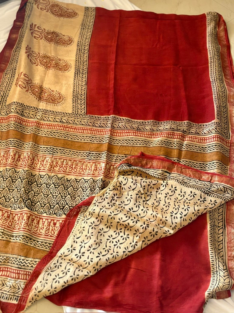 Meheswari hand block printed cotton silk saree - Red Beige