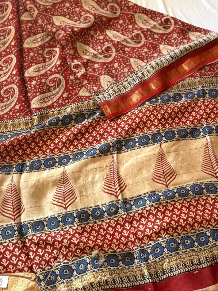 Meheaswari silk hand block printed saree - Red 2