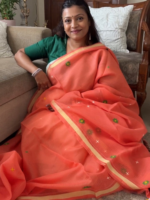 Kota Doria hand embroidered saree - Orange