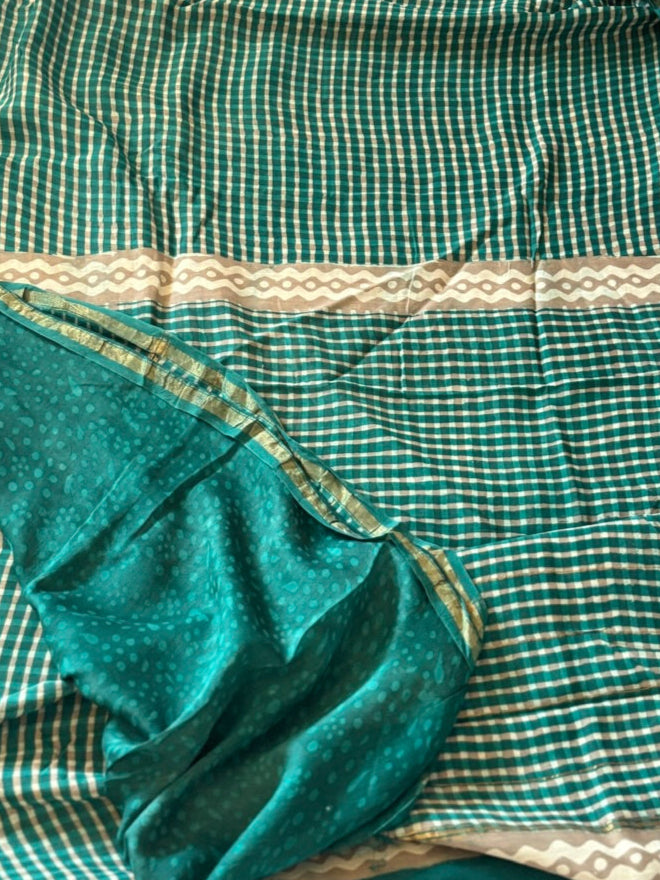Hand block print cotton silk saree - Green