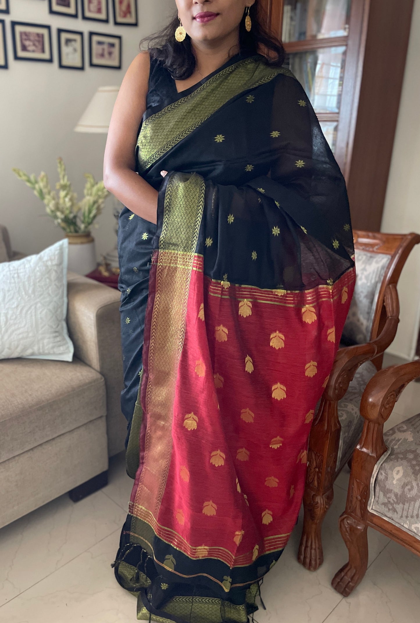 Cotton silk saree - black & red