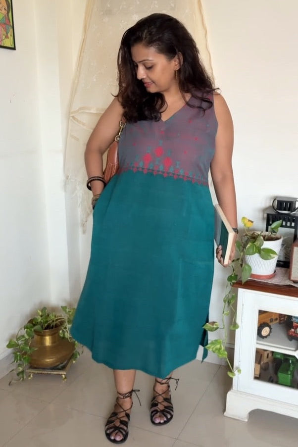 Handcrafted Urmul kala cotton dress - Green