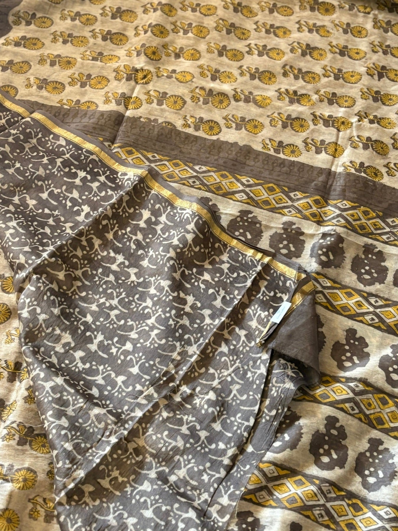 Vanaspati Hand block printed cotton silk saree - Brown