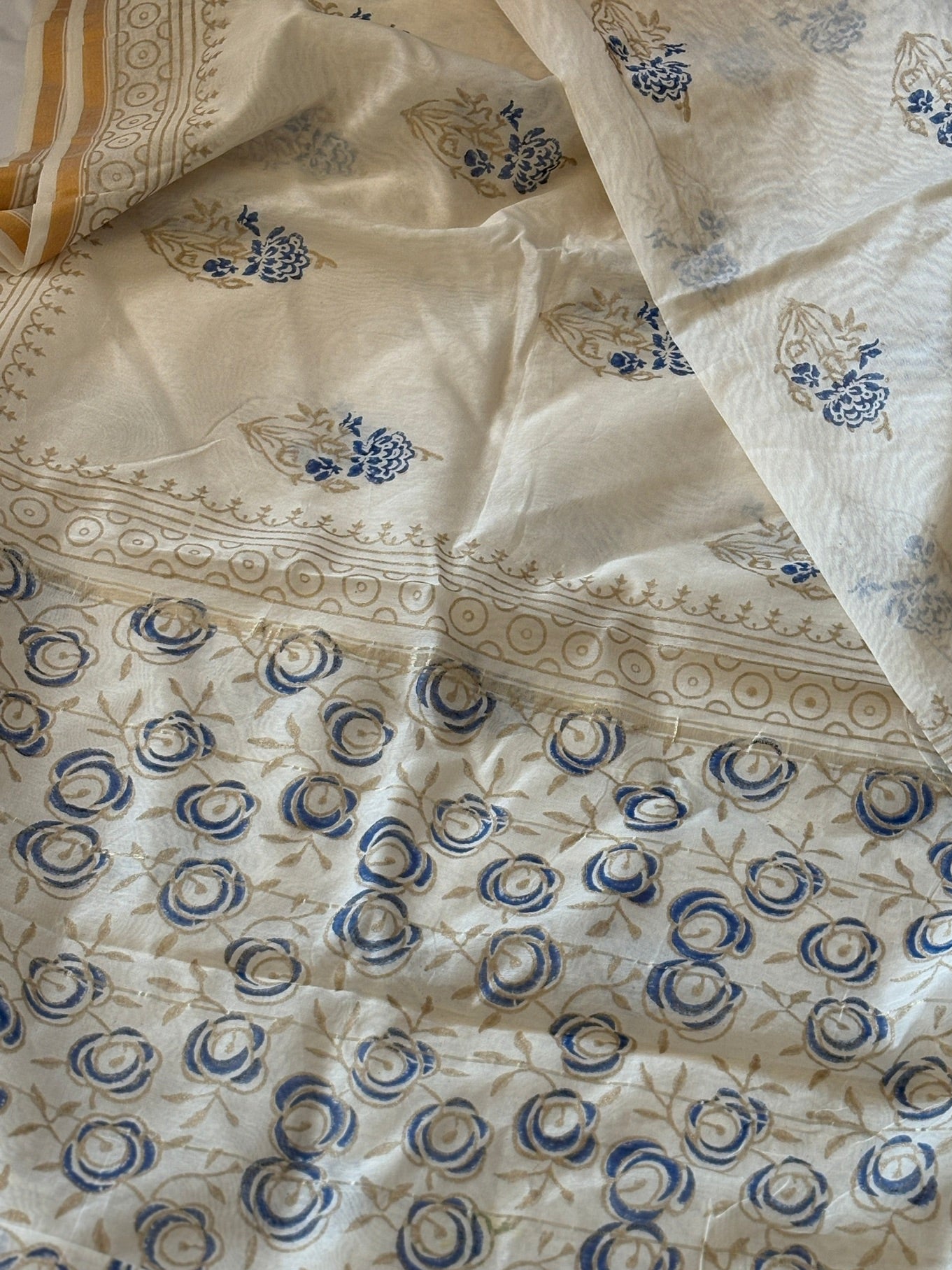 Hand block printed cotton silk saree - white