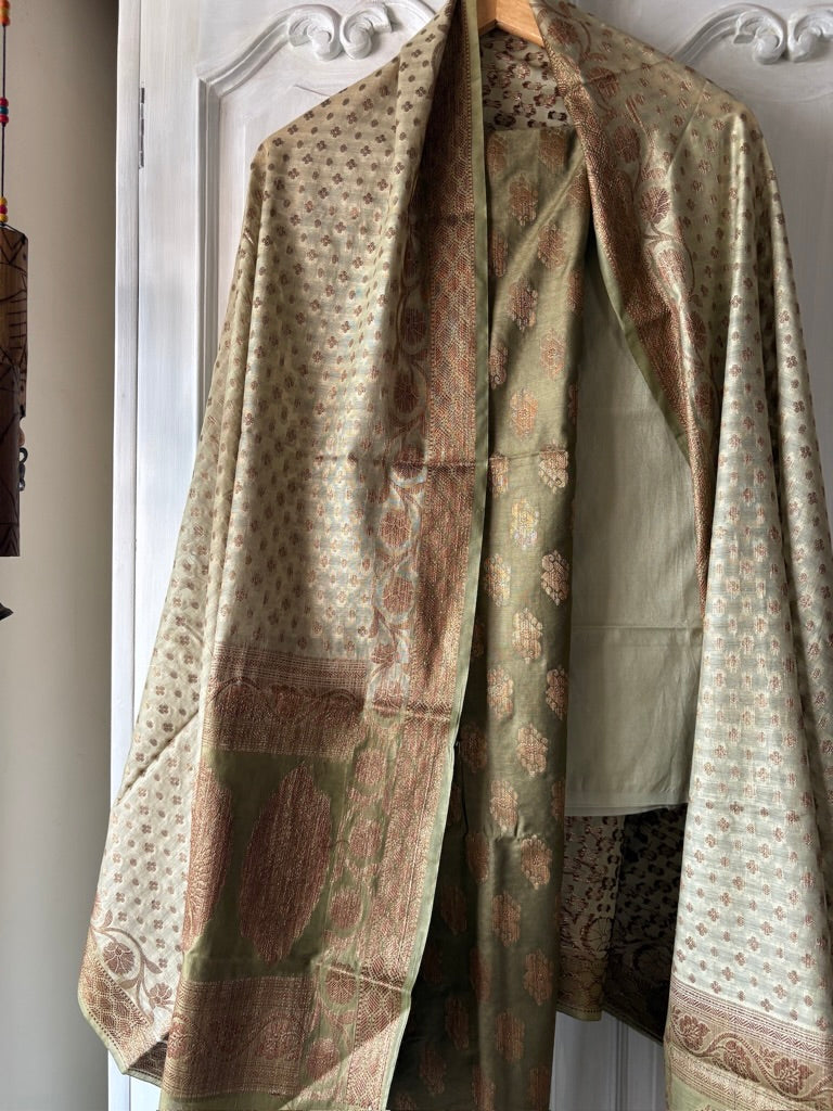 Muslin cotton 3 piece Banarasi suit material - Sage green