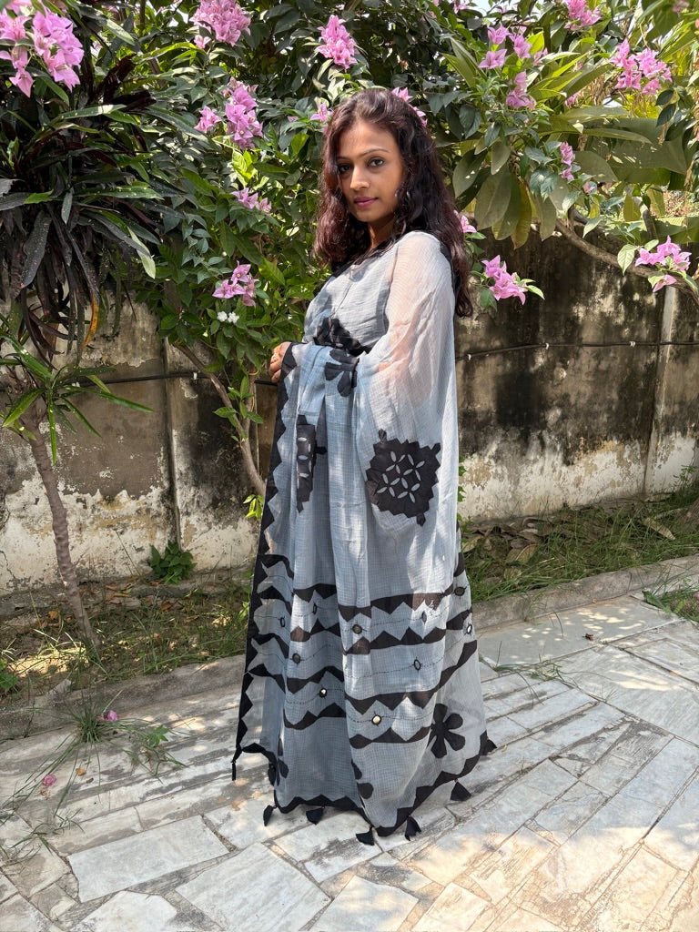 Kota cotton hand embroidered patchwork saree- Grey black