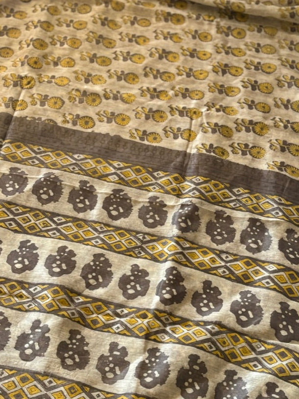 Vanaspati Hand block printed cotton silk saree - Brown