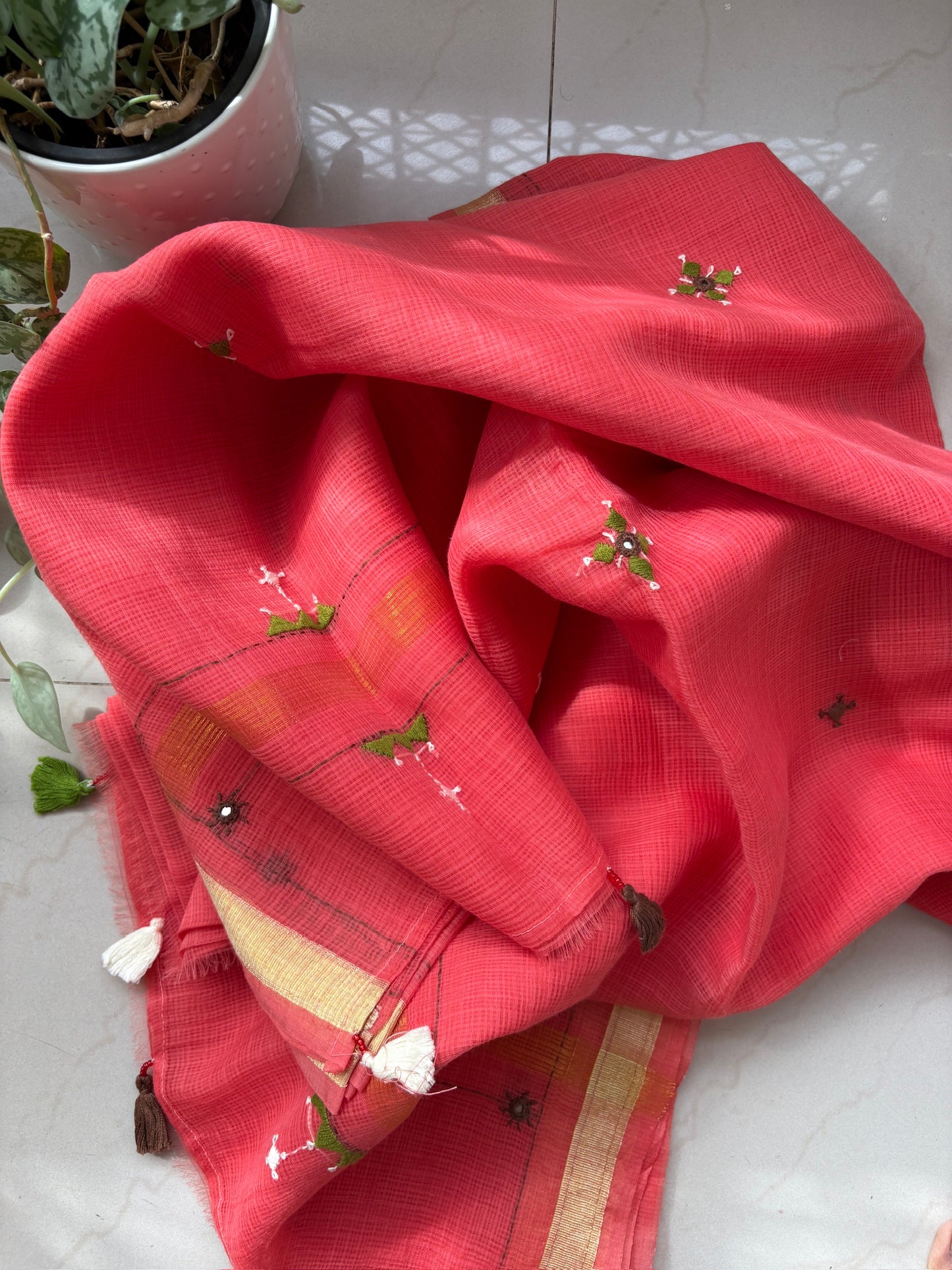 Kota cotton hand embroidered saree - Red