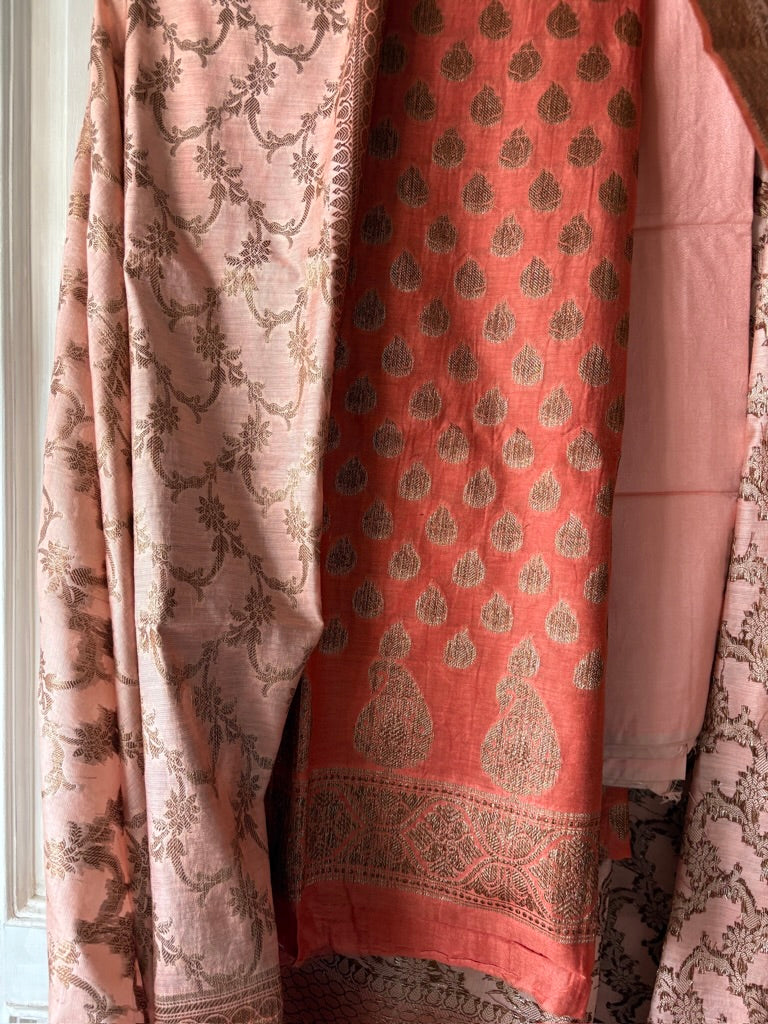 Muslin cotton 3 piece Banarasi suit material - Peach orange