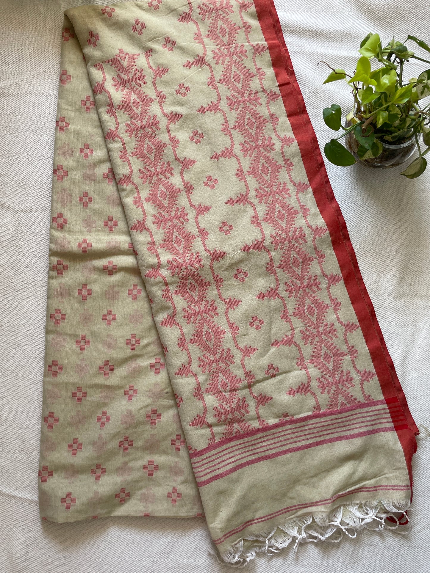 Handwoven khadi cotton Jamdani saree - Beige Red