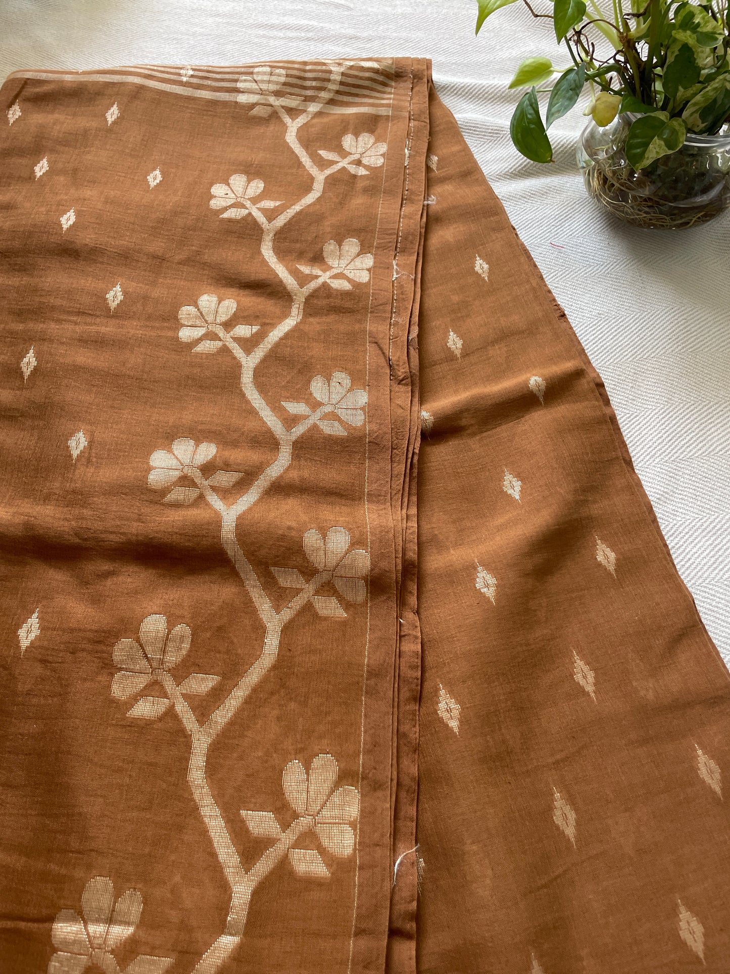 Pure soft cotton Jamdani saree - Earthy brown